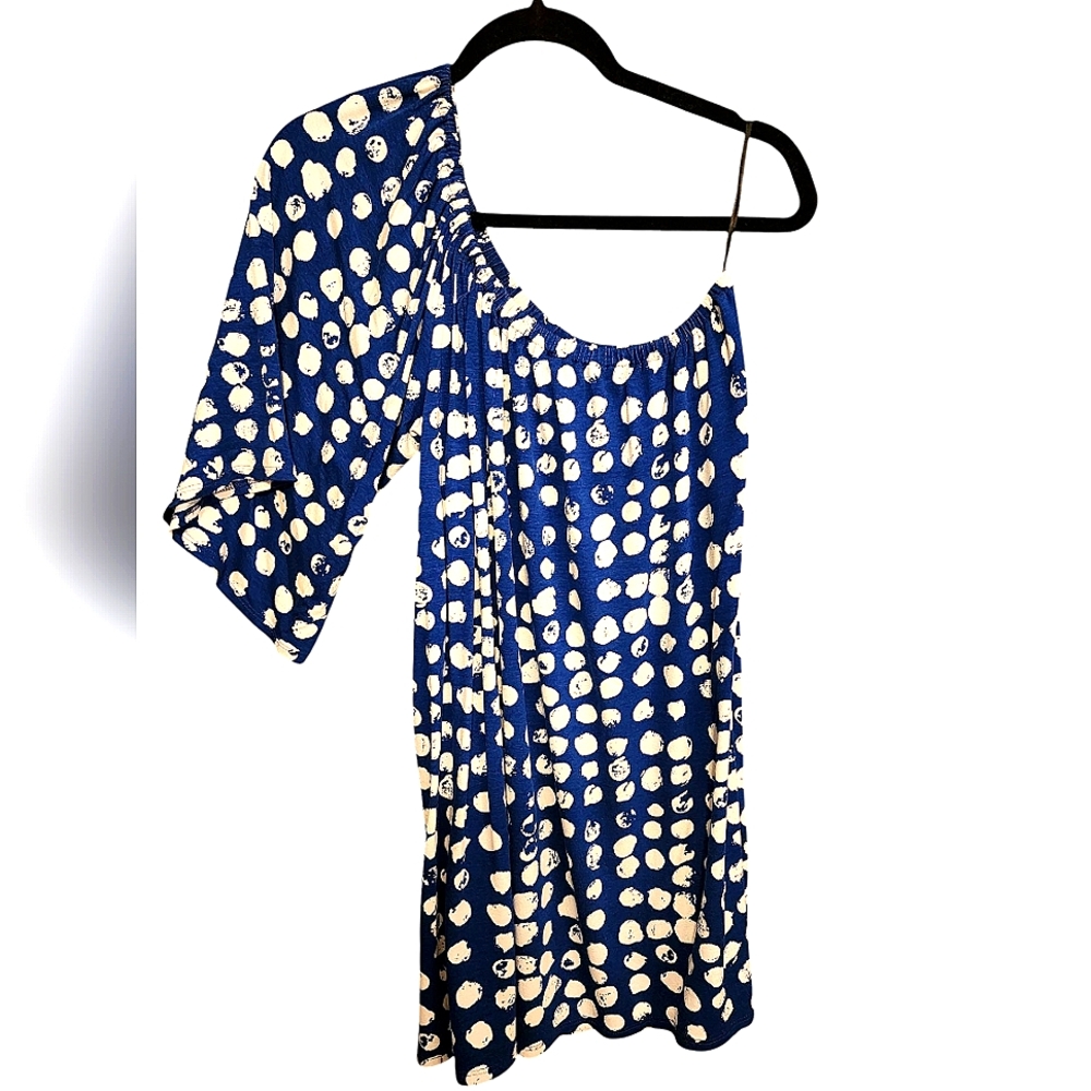 Apricot Lane Blue and White Polka Dot Off The Shoulder Dress